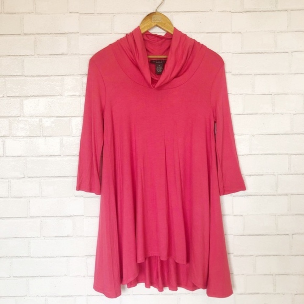 Grace Coral Pink Cowlneck Oversize Stretchy Tunic 3/4 Sleeve Top Blouse